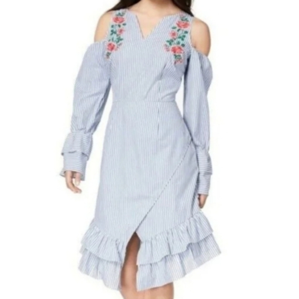 XOXO stripe cold shoulder long layered sleeve wrap dress